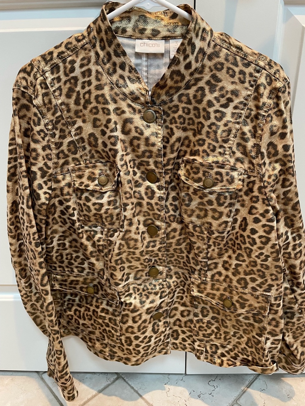 Chico’s XL Denim Leopard Print Gold Shimmer Cotton Spandex Button Up Jacket